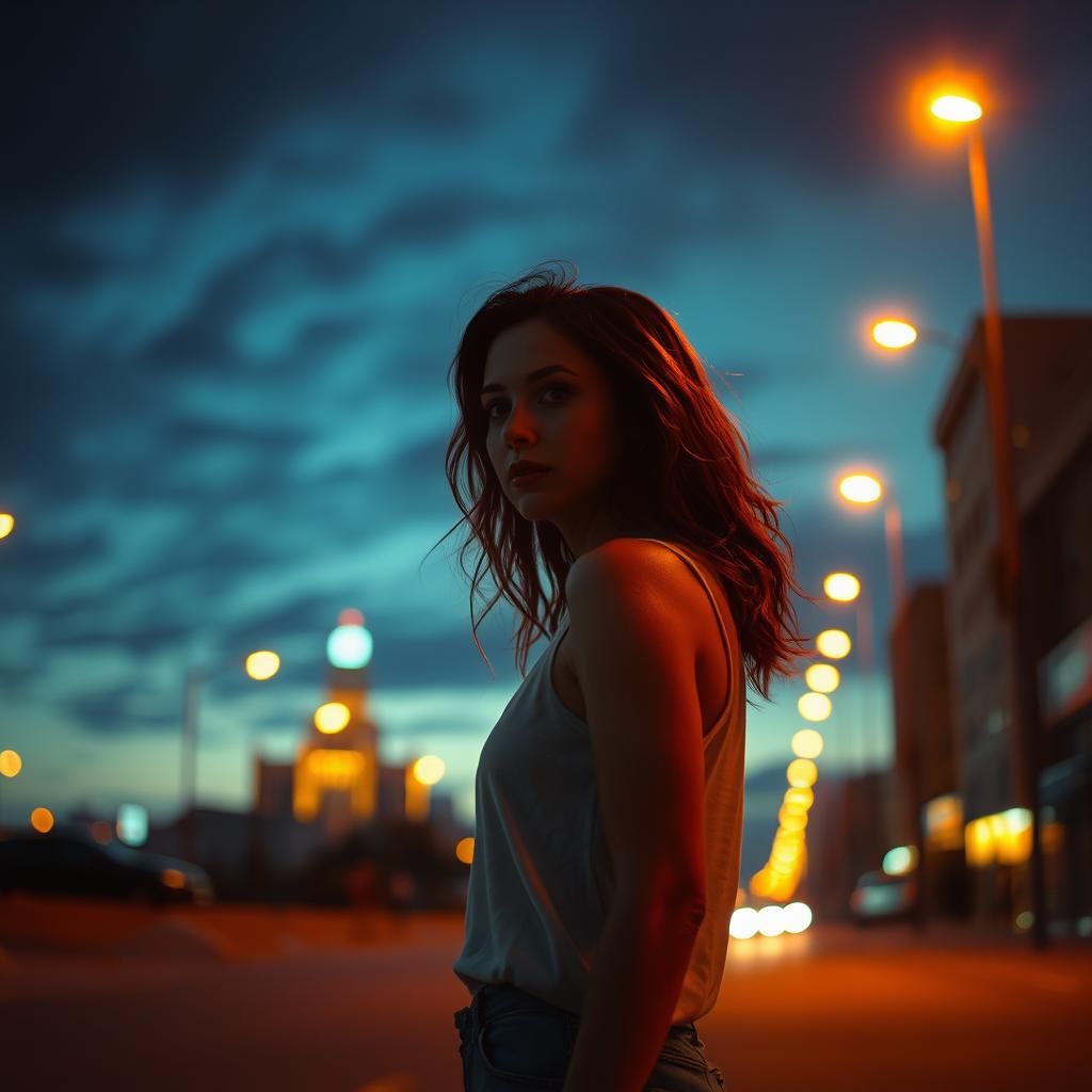 Woman in Noir Cityscape at Night