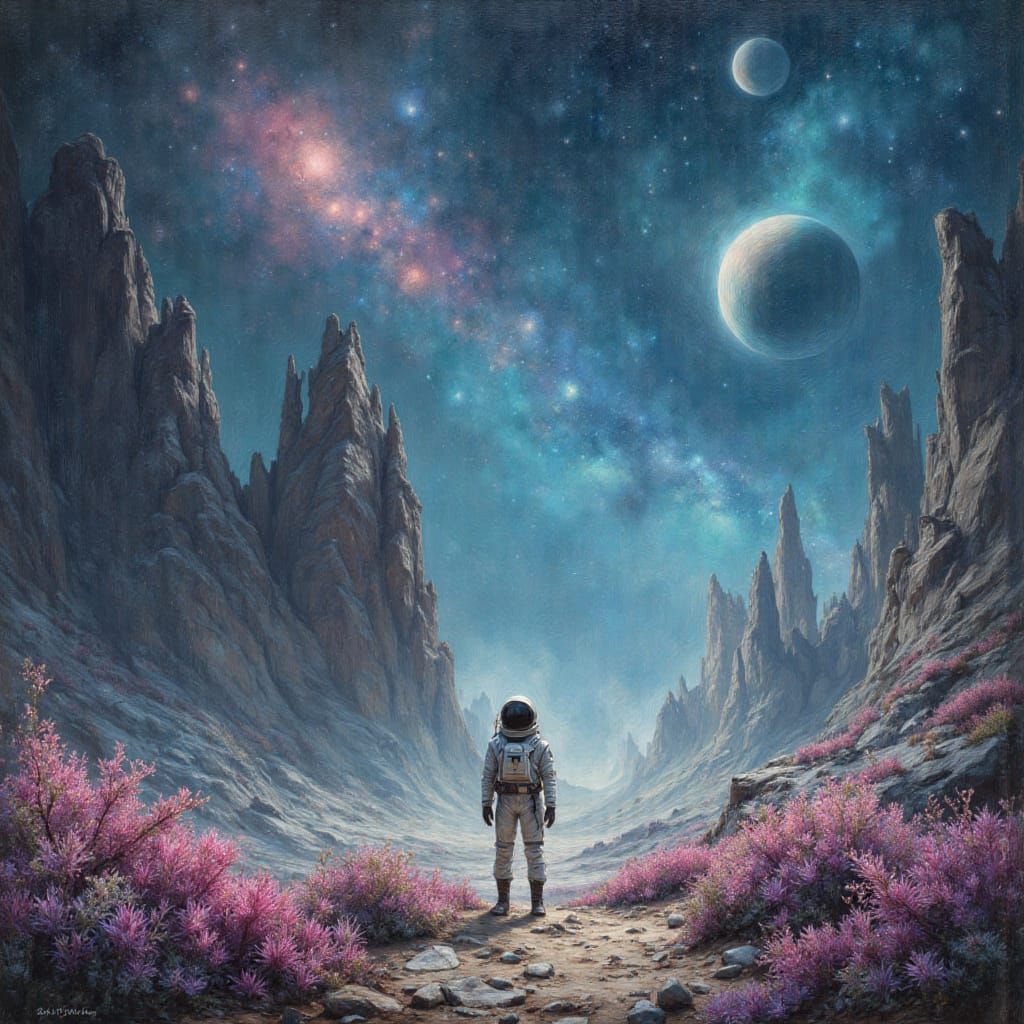 Astronaut on Alien Planet with Bioluminescent Flora