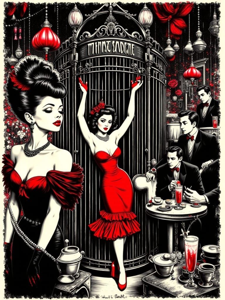 Retro 1950s Cabaret Scene in Woodcut Style