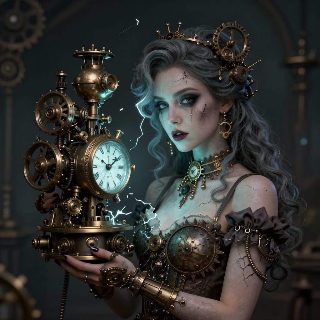 Broken Clockwork Doll Woman in Steampunk Gothic Style