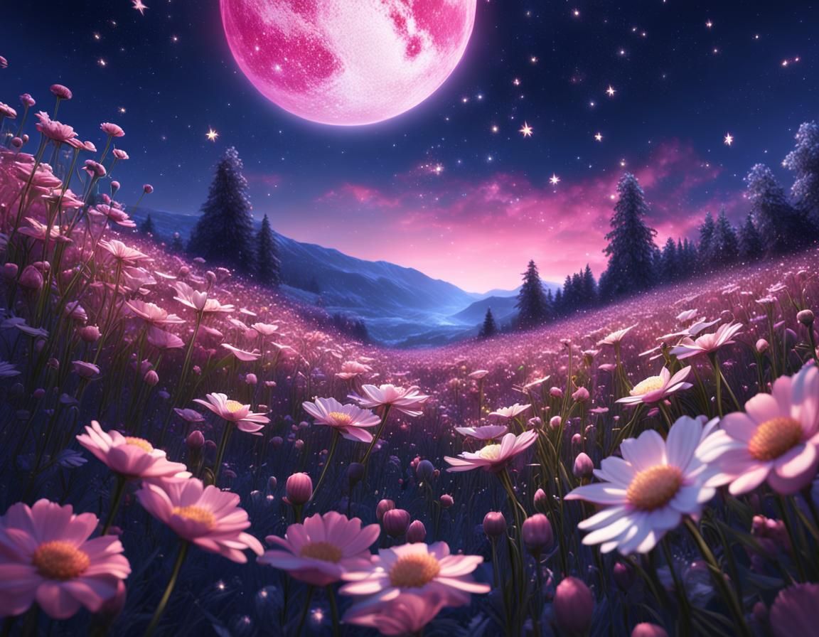 Fantastical Flower Field Under Starry Night Sky