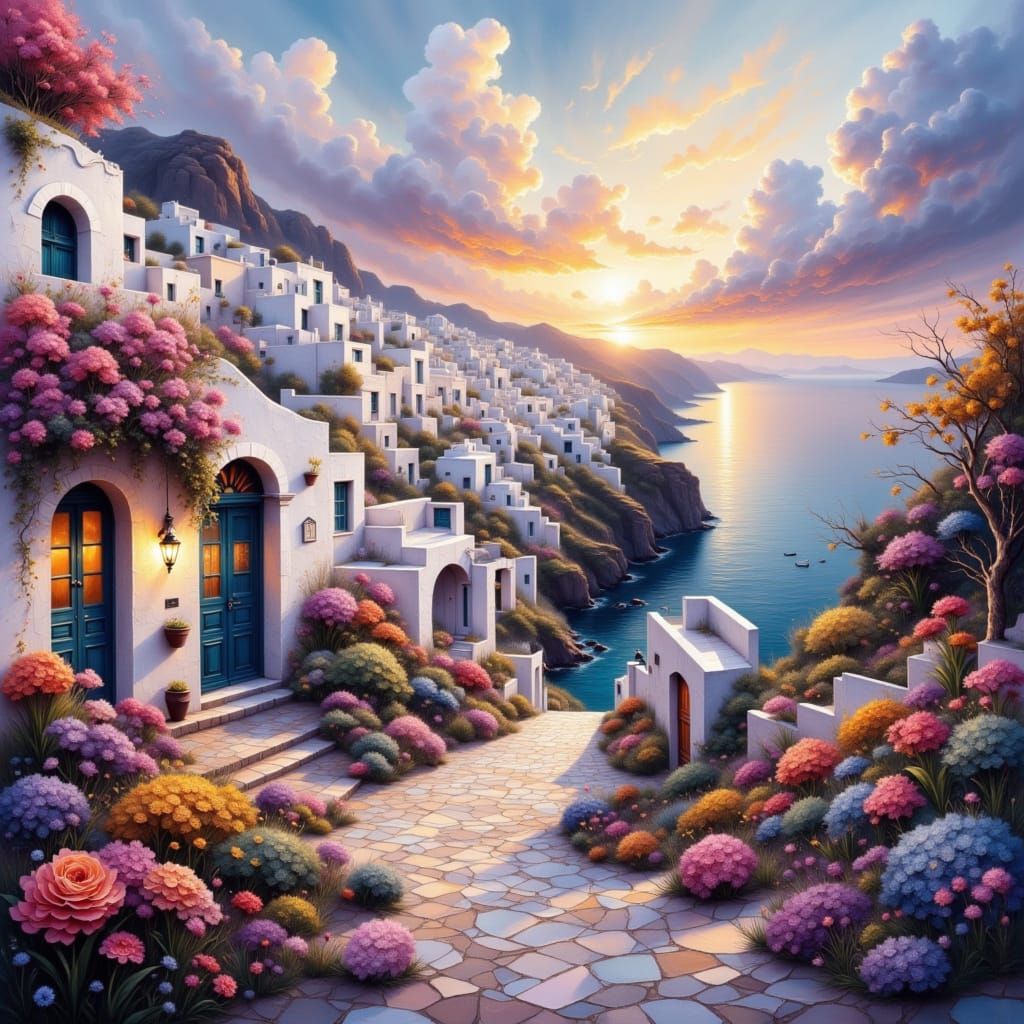 Santorini-Style Coastal Village in Evening Light