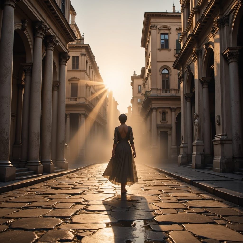 Regal Figure Amidst Ancient Rome's Golden Hour