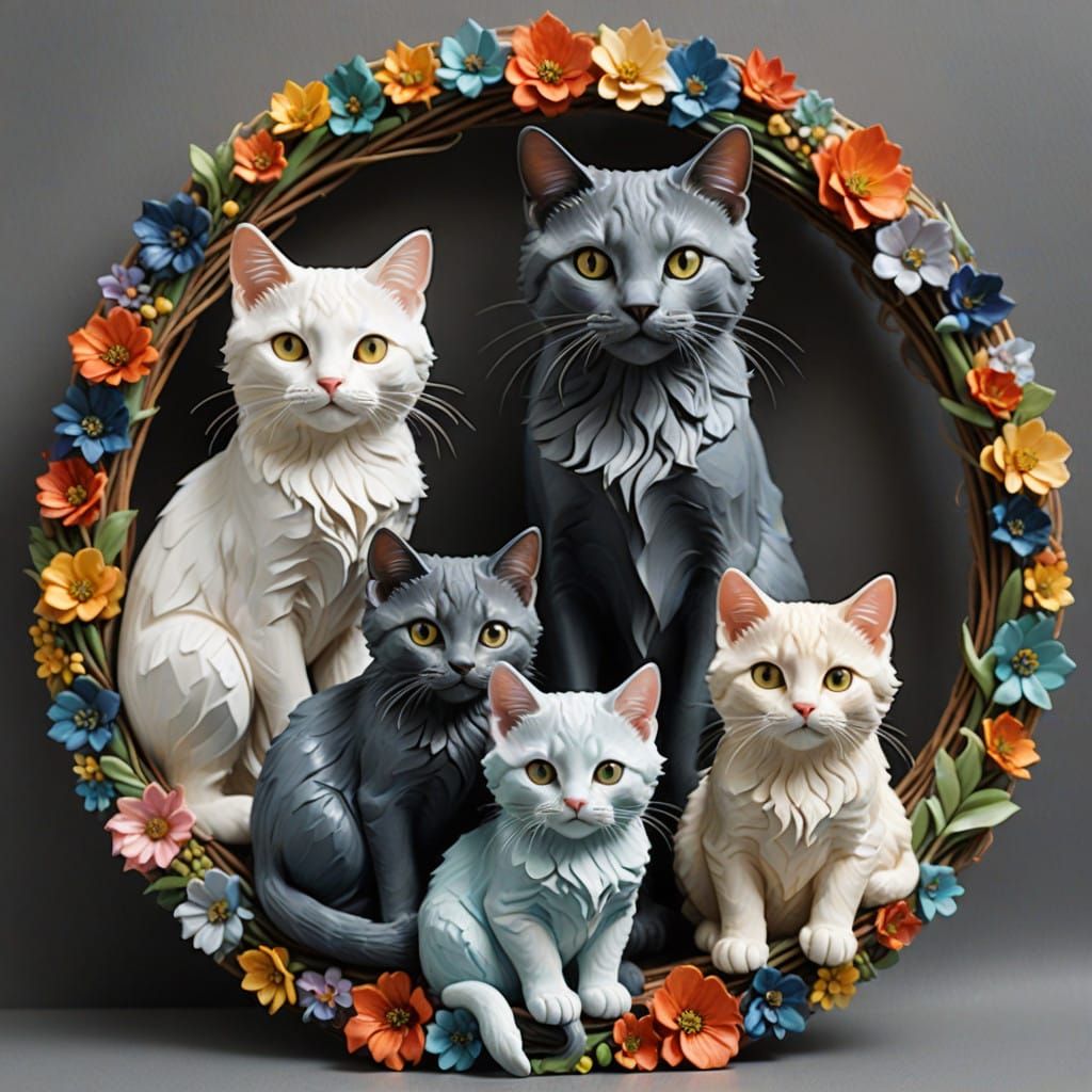 Whimsical Feline Wreath in Surrealist Oil Painting Style