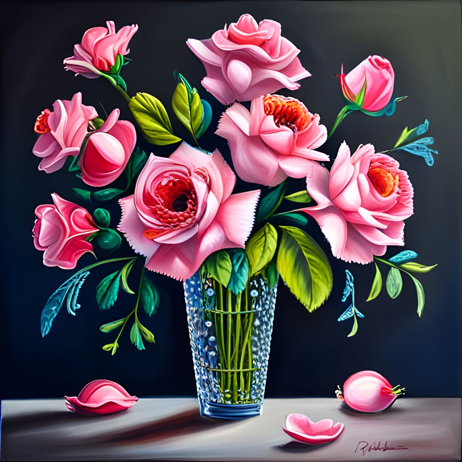 Red and Pink Roses in Crystal Vase Oil Painting