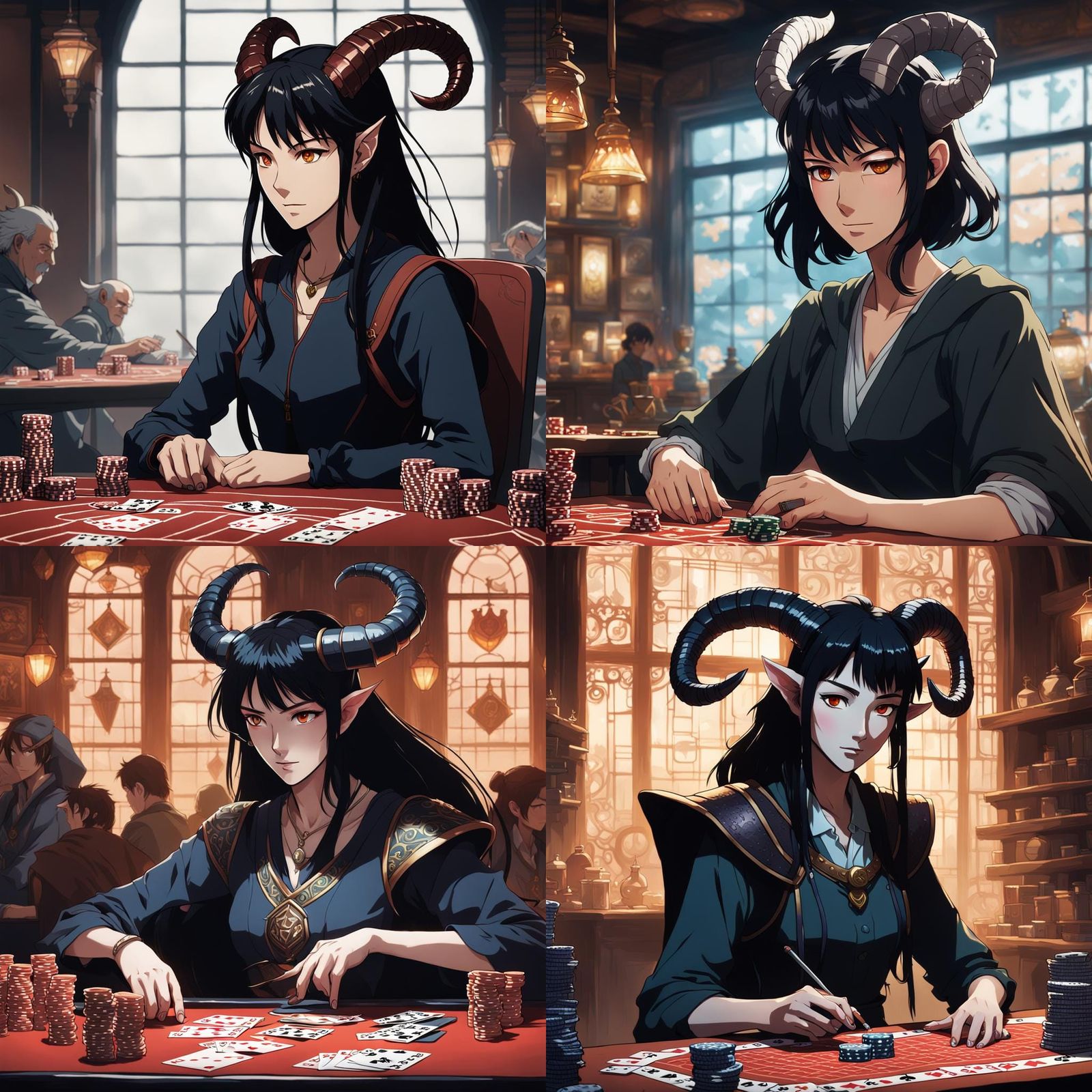 Tiefling Playing Poker in Studio Ghibli Style