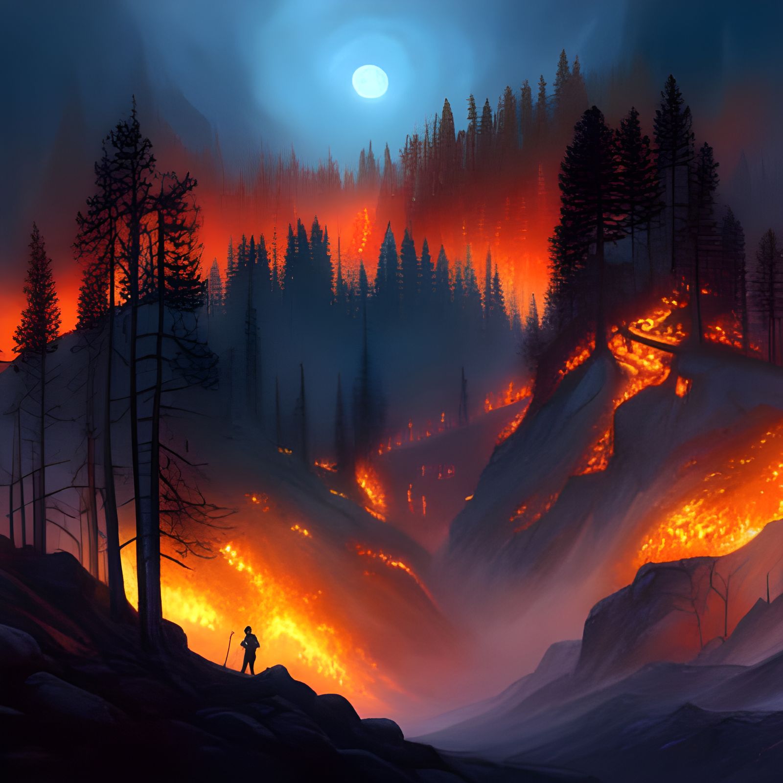 Inferno: Mountain Forest Fire in Romantic Style