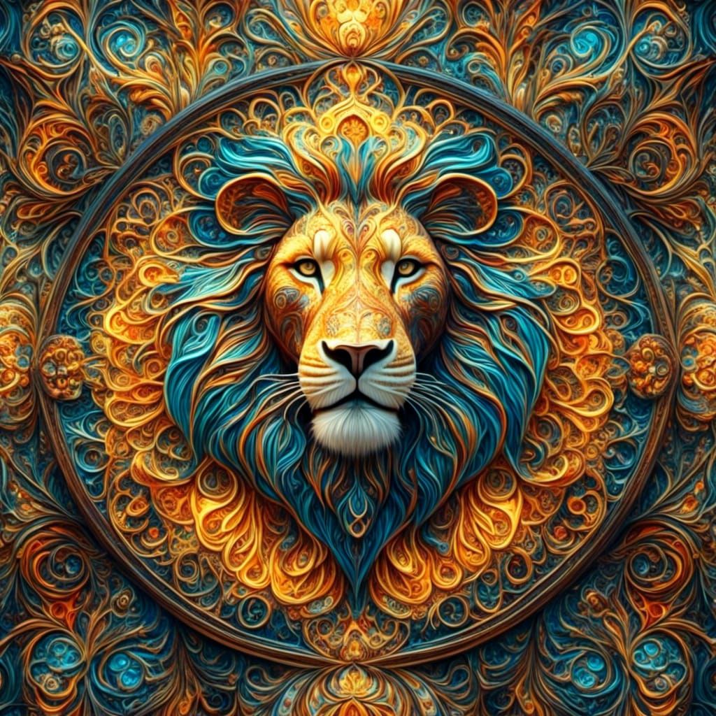 Stained Glass Lion Hunt in Fractal Mandala Style