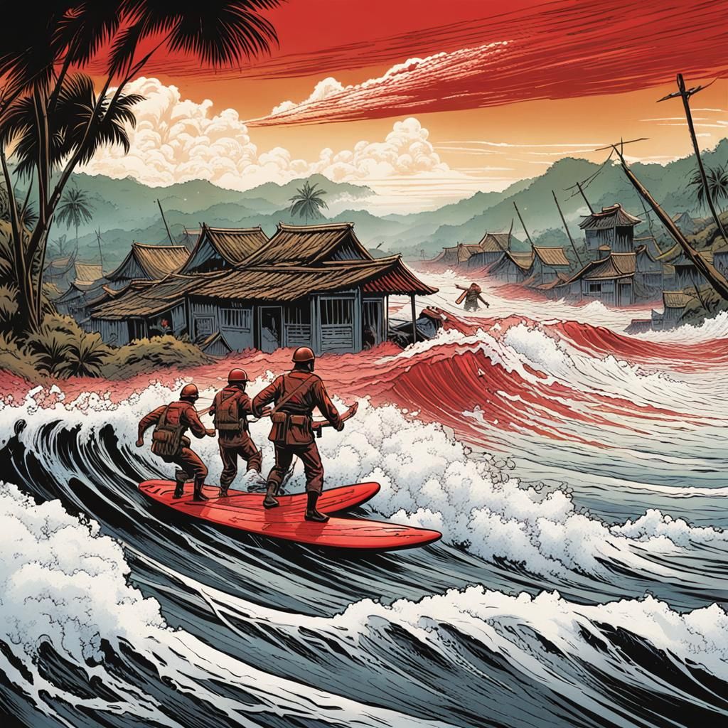 War-Torn Village: Soldiers Surfing Blood Red Waves