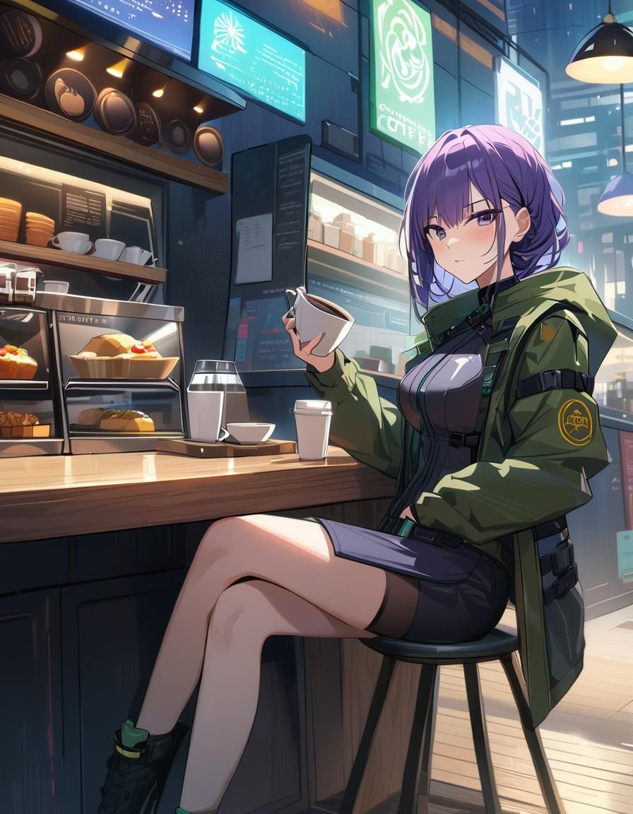 Motoko Kusanagi at the Coffee Shop in Anime Style