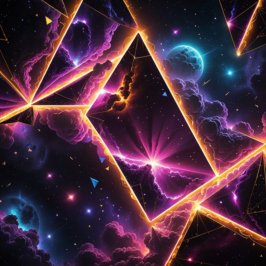 Vibrant Sci-Fi Triangles in Deep Space, Digital Art