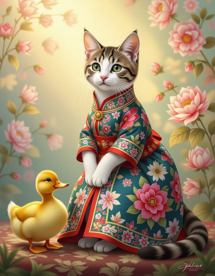 Patchwork Oriental Shorthair Cat Portrait with Duck