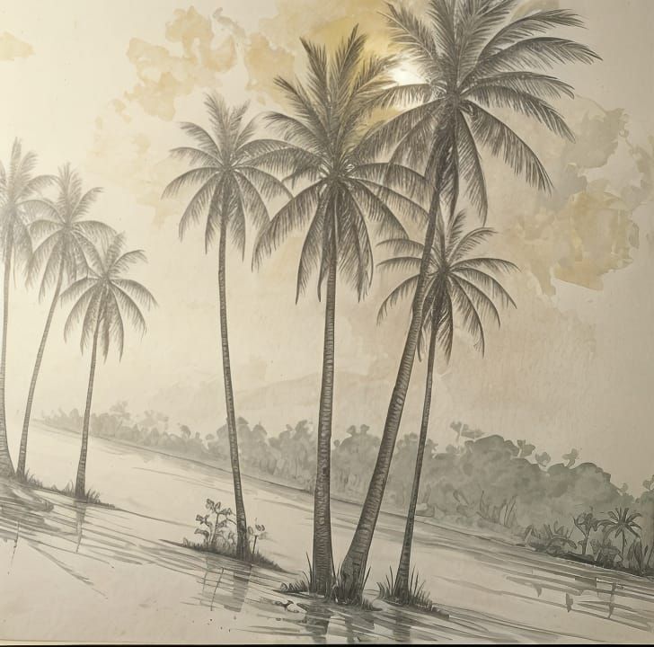 Dreamy Tropical Morning in Abstract Ink Wash