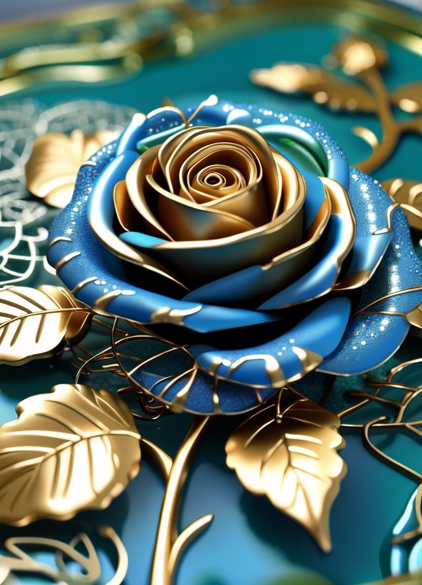 Metallic Blue Rose with Gold Filigree, Abstract Details