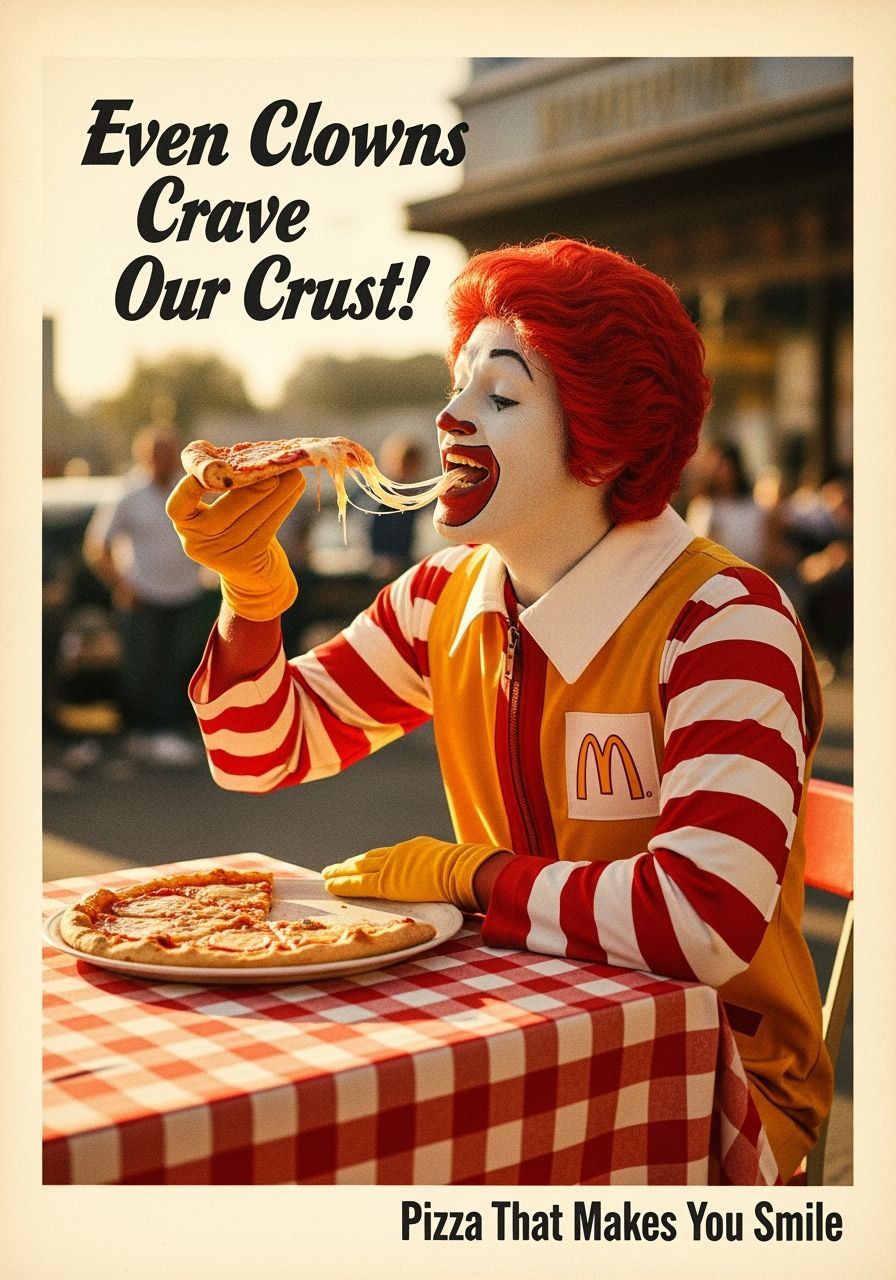 Ronald McDonald eating a slice of pizza. Golden hour. Advertisement in a magazine.