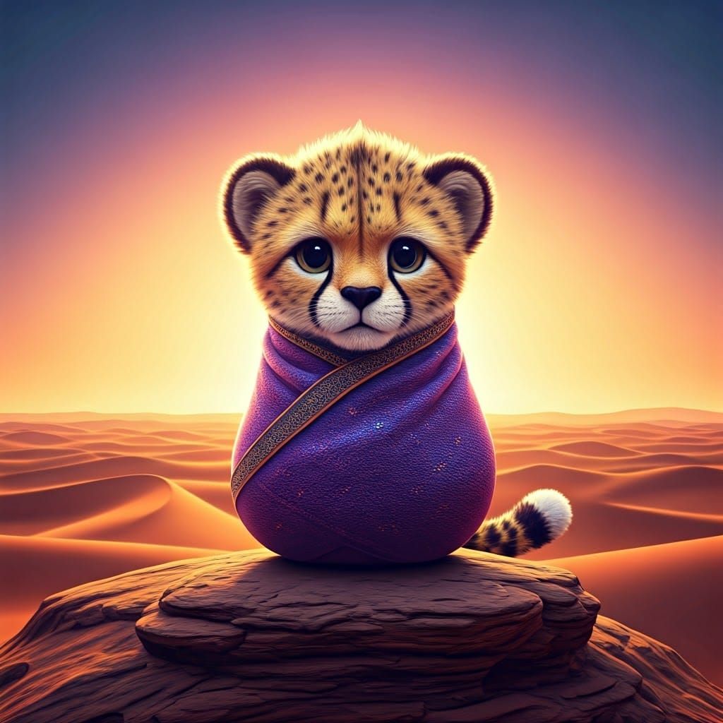 Crocheted Cheetah in Sahara Desert: Pixar-Inspired 3D Art