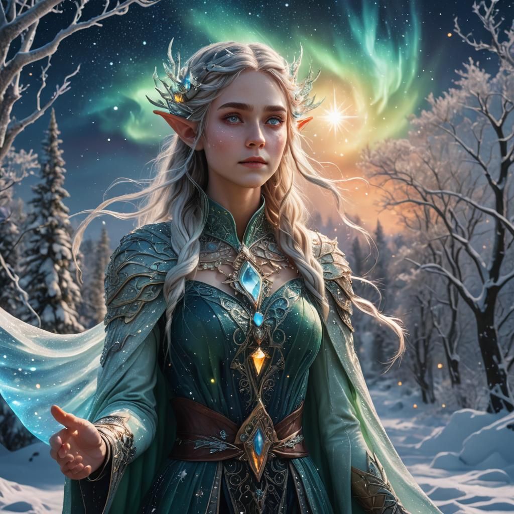 Enchanting Elf Healer in Starry Winter Landscape