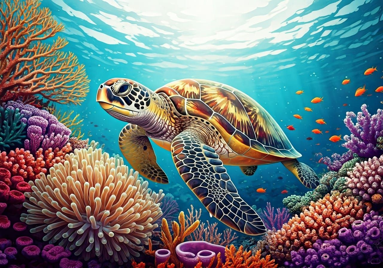 Green Sea Turtle in Coral Reefs: Watercolour Style