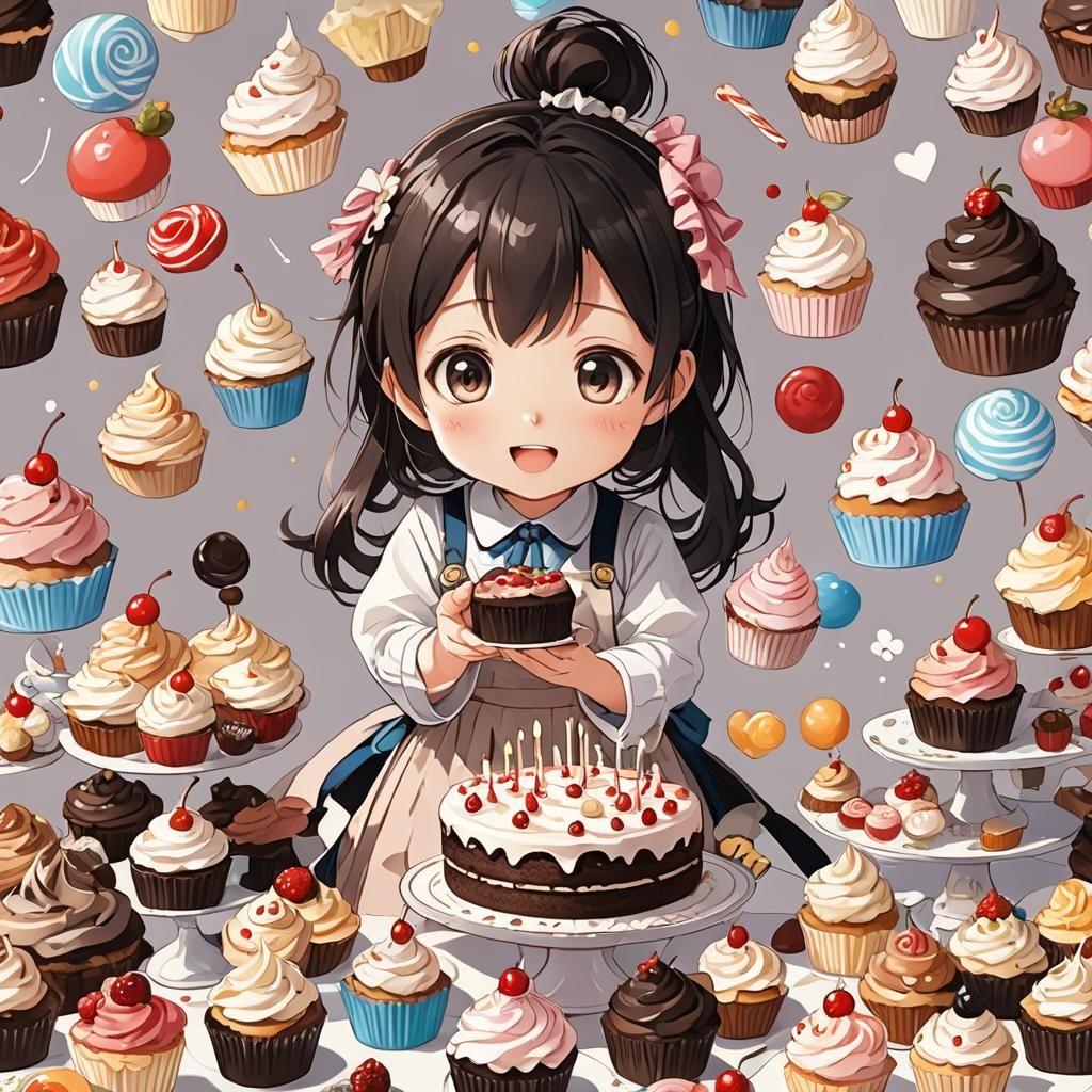 Child with Cake in Anime Manga Style