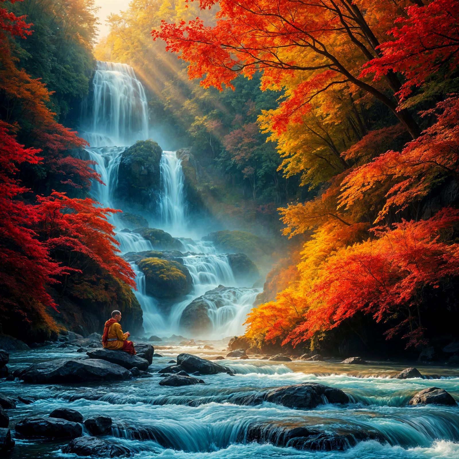 Serene Autumn Waterfall with Meditating Monk