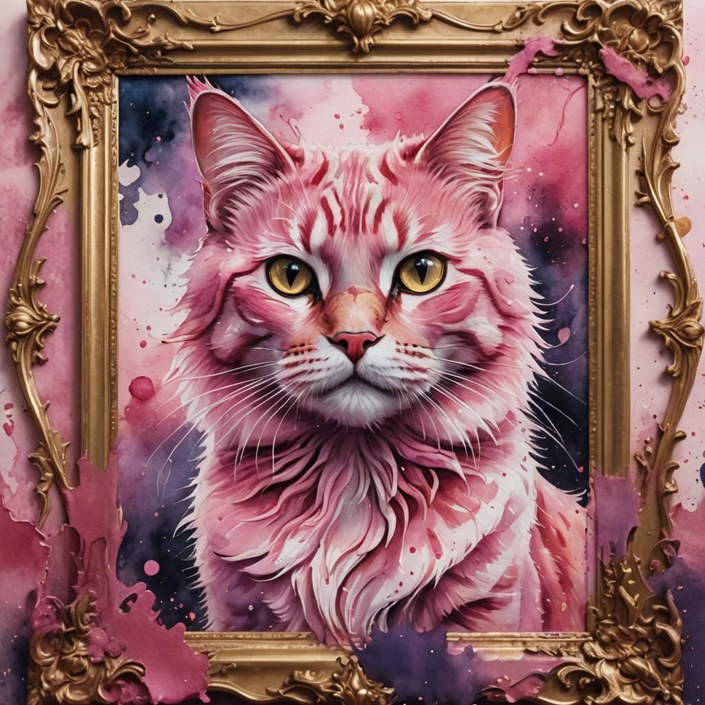 Pink Cat Watercolor Painting in Gold Frame