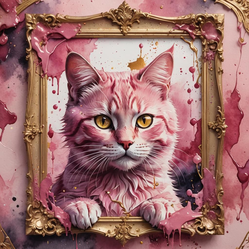 Pink Cat Watercolor Painting with Gold Frame