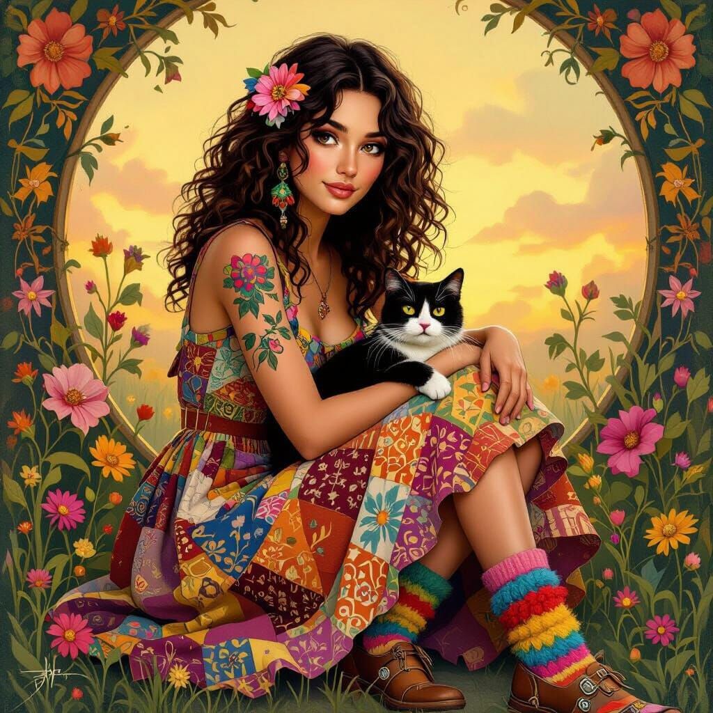 Hippie Flowerchild Holding Tuxedo Cat in Photorealistic Styl...