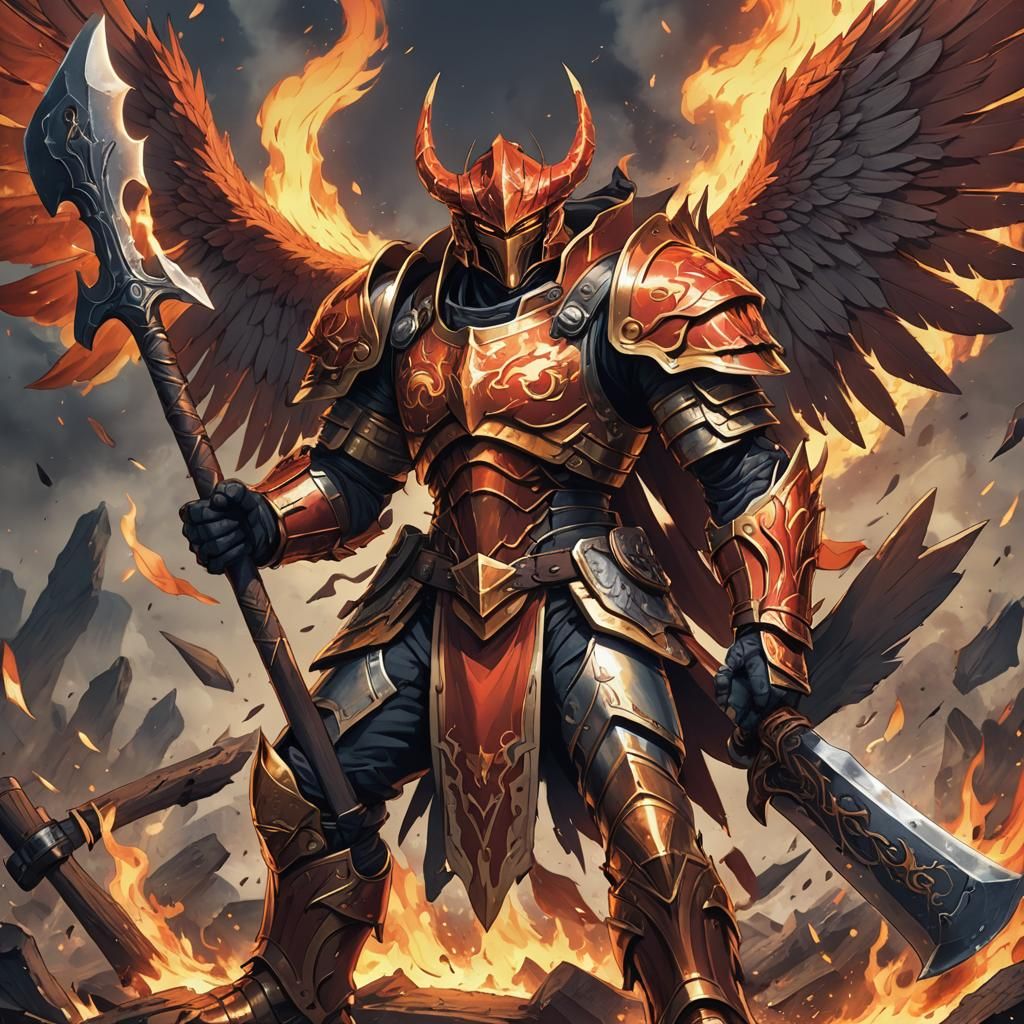 Flame-Winged Warrior with Axe in Anime Style