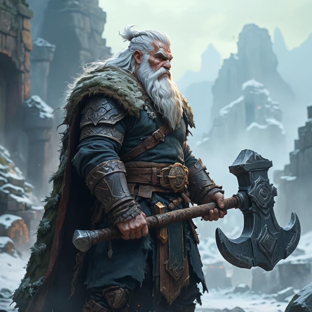 Dwarf Barbarian with Hammer in Ancient Ruins