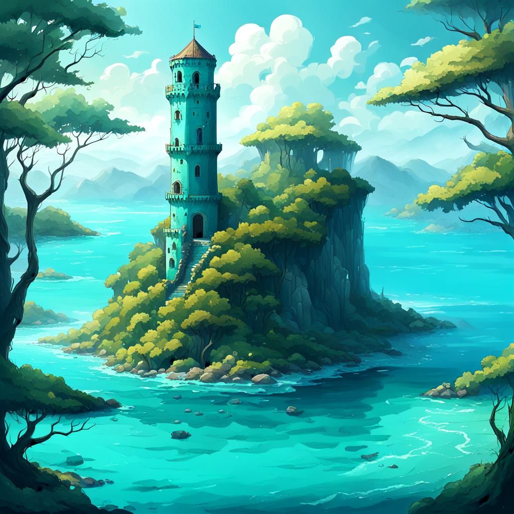 Lonely Tower on Island with Turquoise Sea