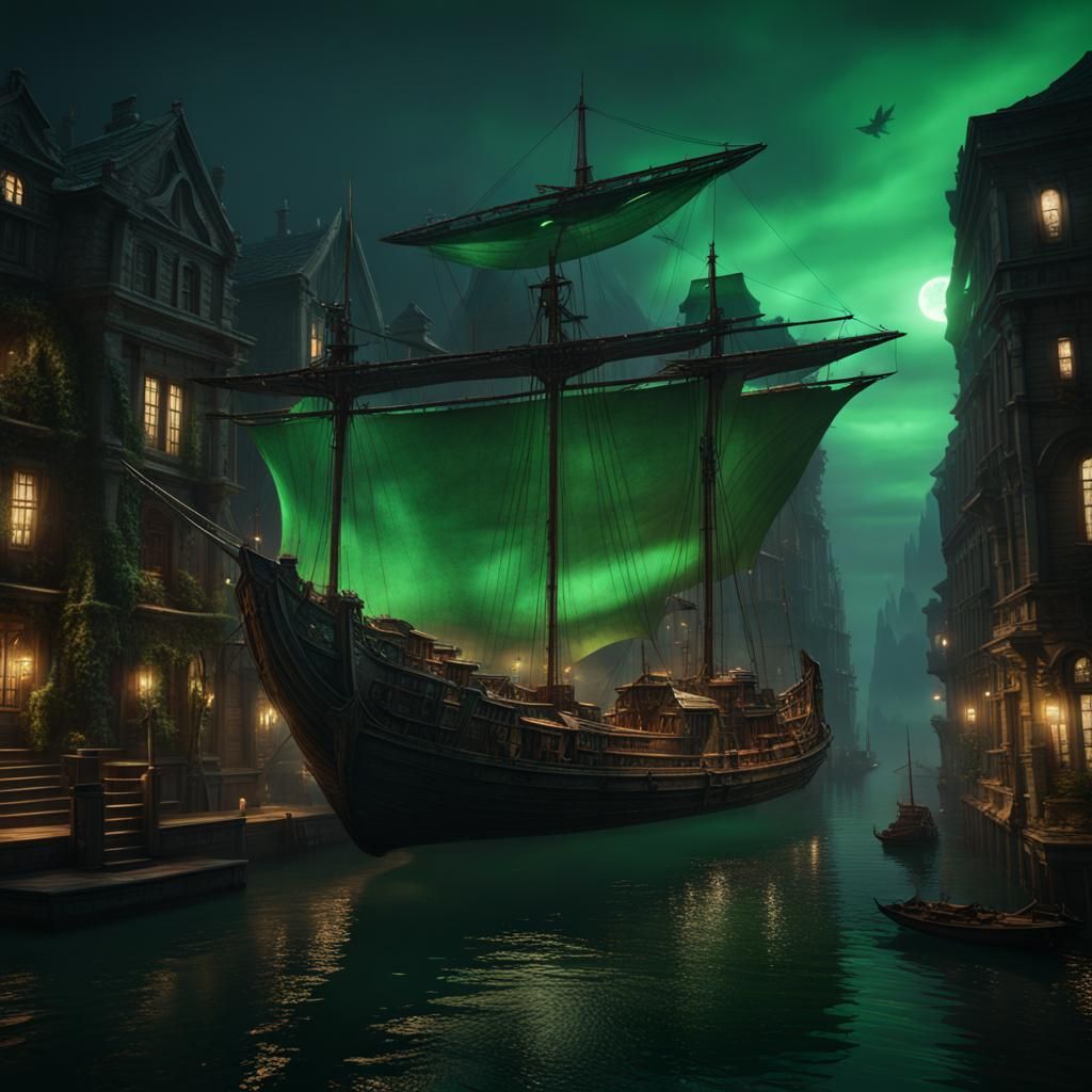 Flying Historical Boat in Sinister Green Night