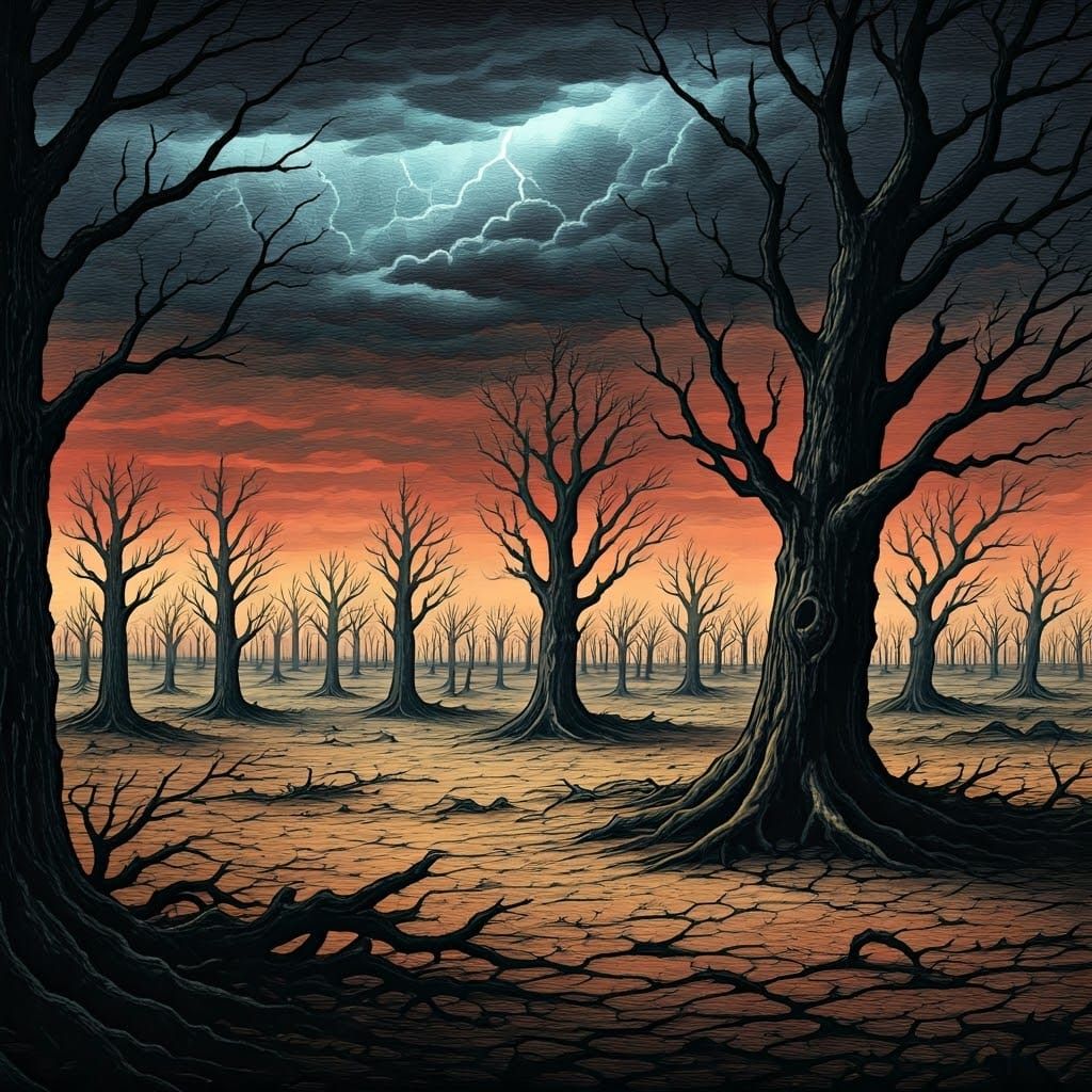 Haunting Desolate Landscape in Eerie Etching Style