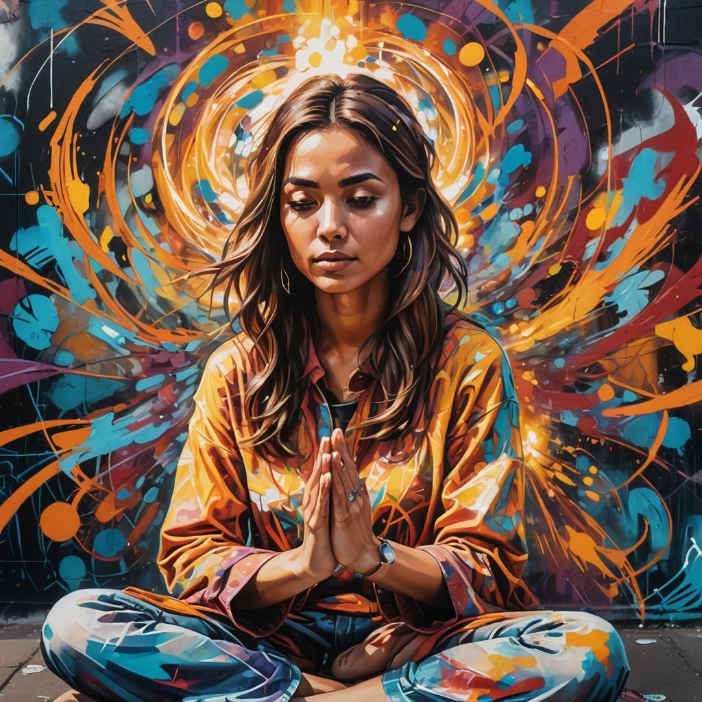 Meditative Woman in Vibrant Street Art Style