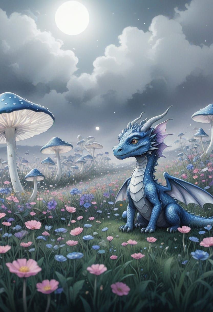 Sleeping Dragon in Moonlight: Watercolor and Ink Painting