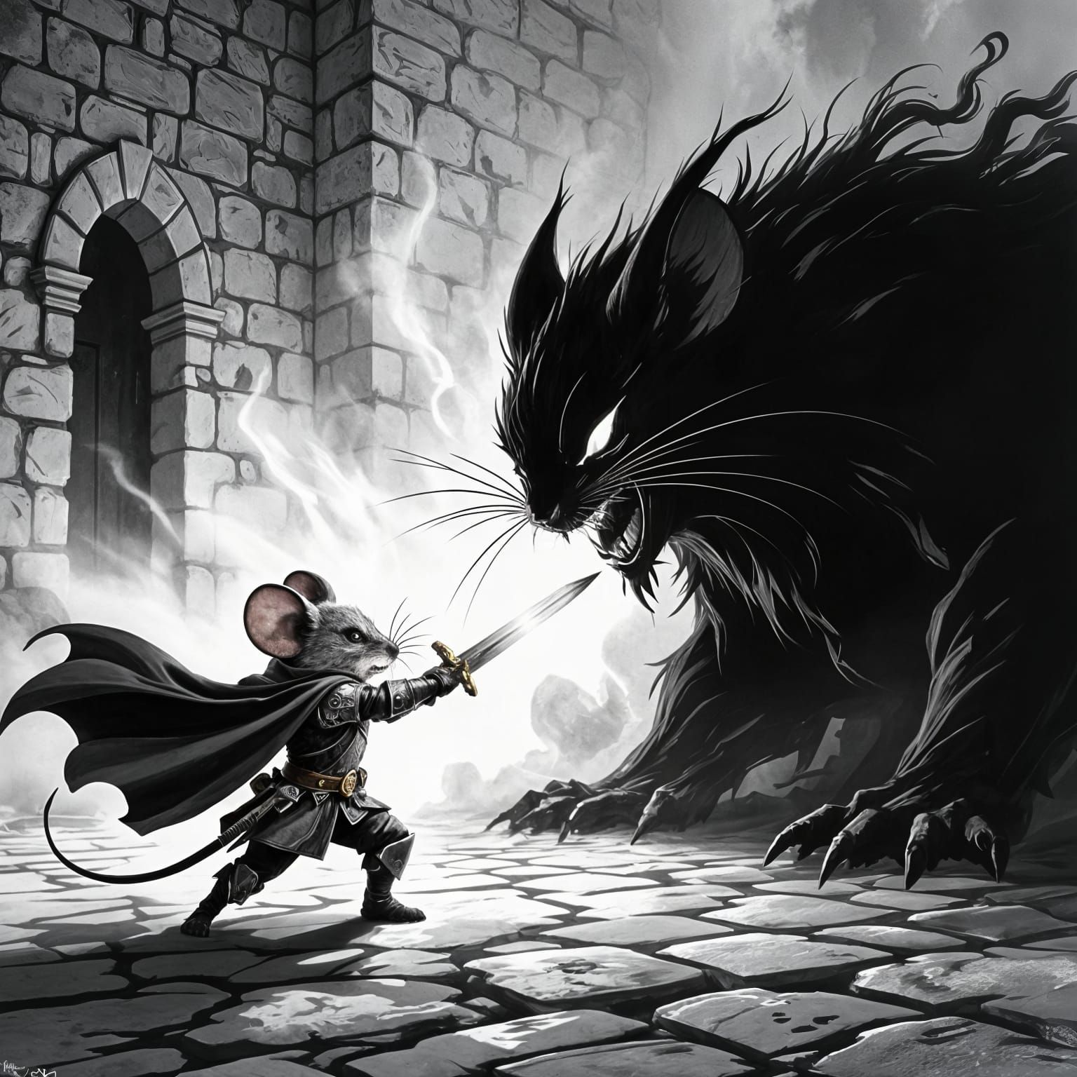 Mouse Warrior Battles Shadow Creature in Epic Fantasy Art