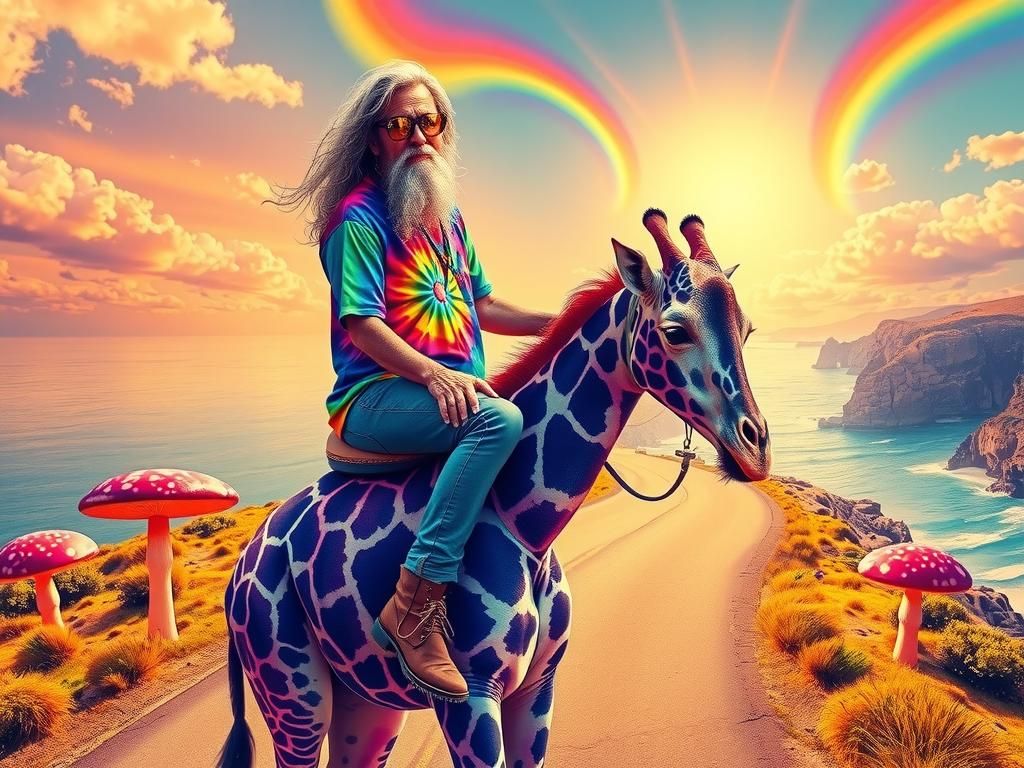 Psychedelic Hippie Rides Giraffe in Surreal Dreamscape