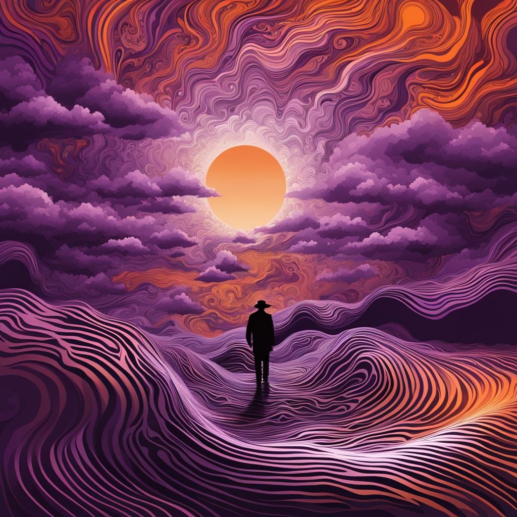 Vibrant Stormy Skies with Lone Figure in Radiant Sunlight