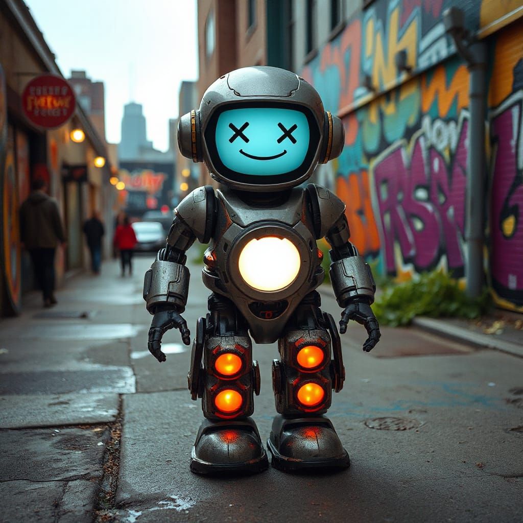 Futuristic Robot with Graffiti in Vibrant Cityscape
