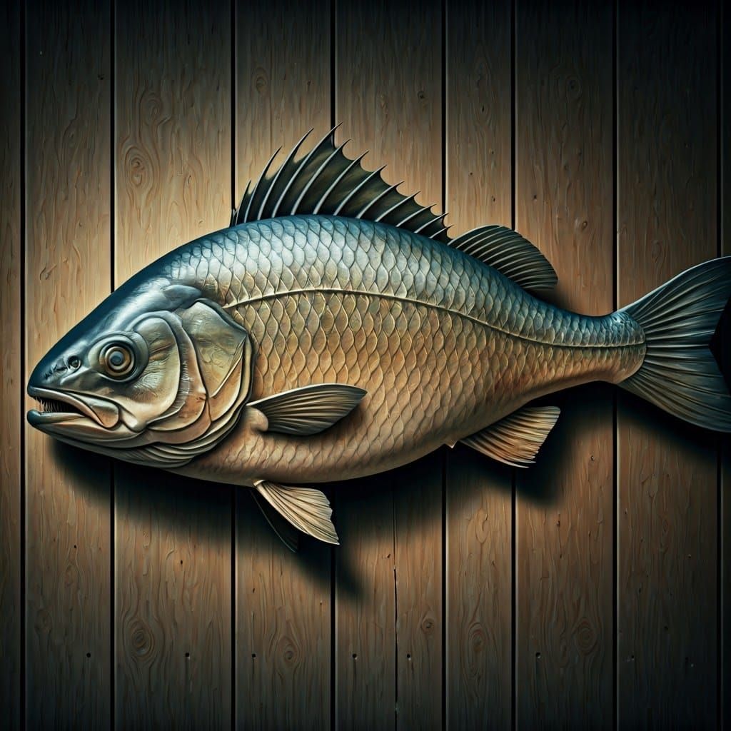 Decaying Fish Mounted, Ominous Oil Painting