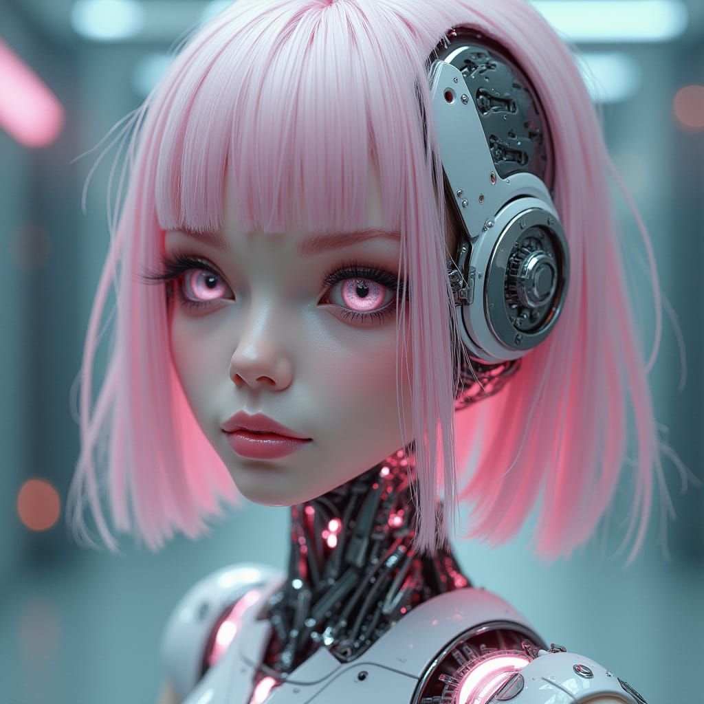 Surreal Cyberpunk Girl with Pastel Pink Hair and Glowing Cir...