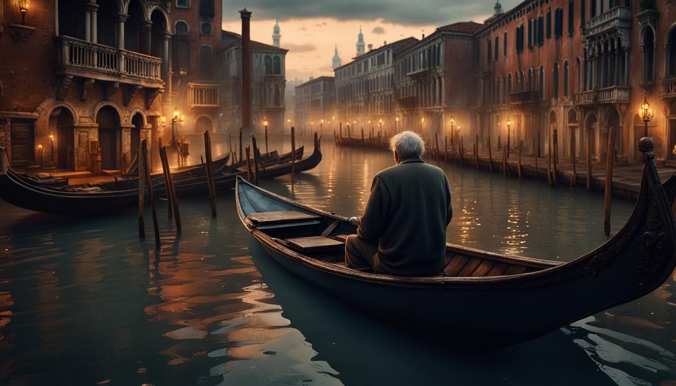 Venice Rainy Night: Old Man's Reflections