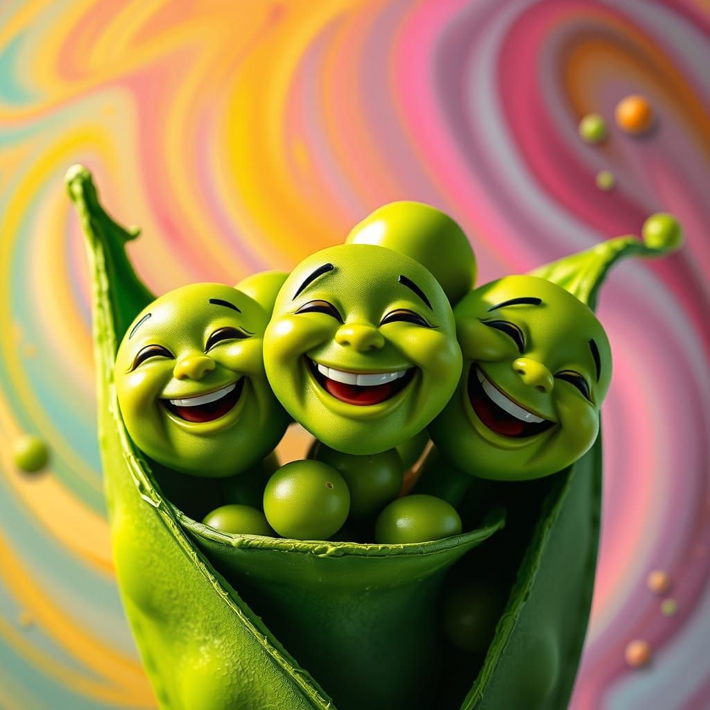 Vibrant Green Pea Pod with Happy Giggling Peas in Splash Art...