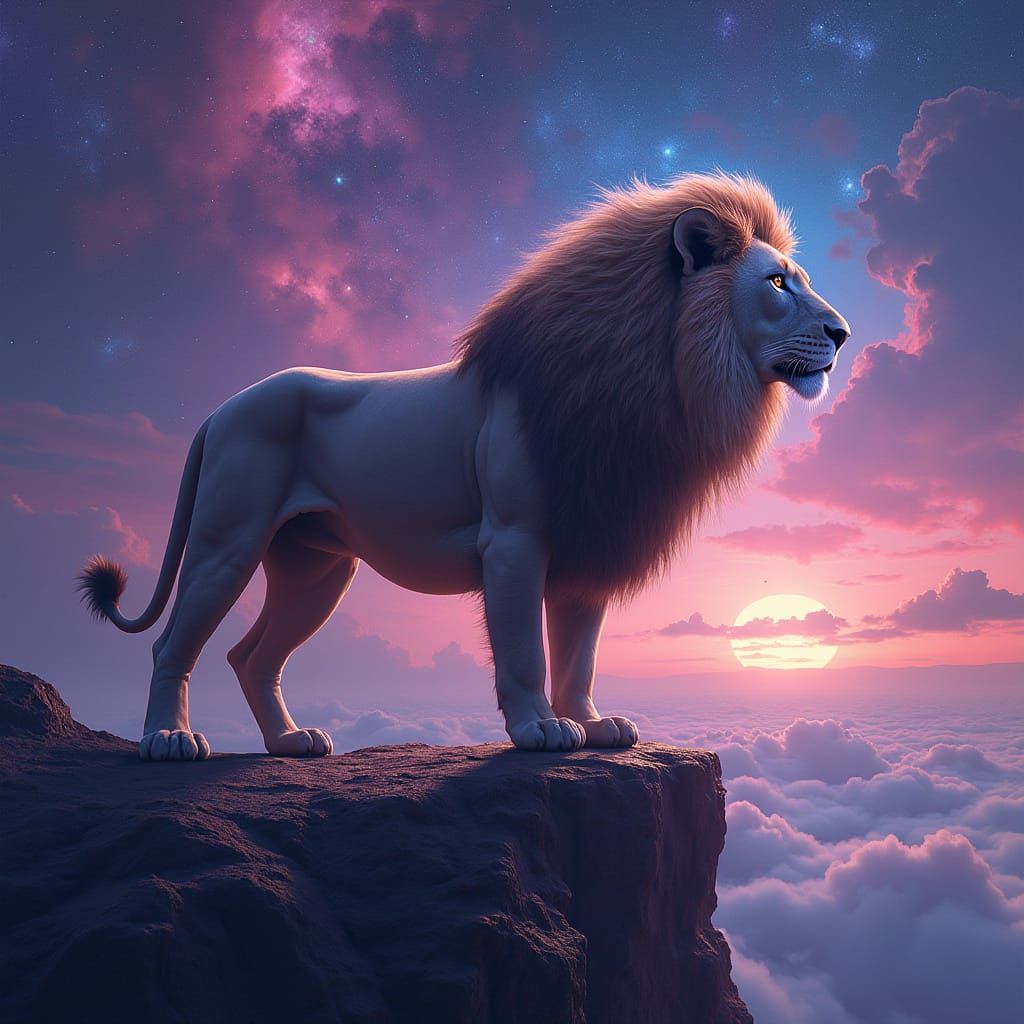 Lion with Starry Mane Overlooking Nebula