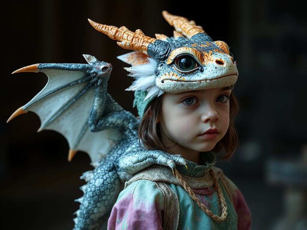 Fluffy Dragon on Girl's Shoulder, Ink Splatter Art