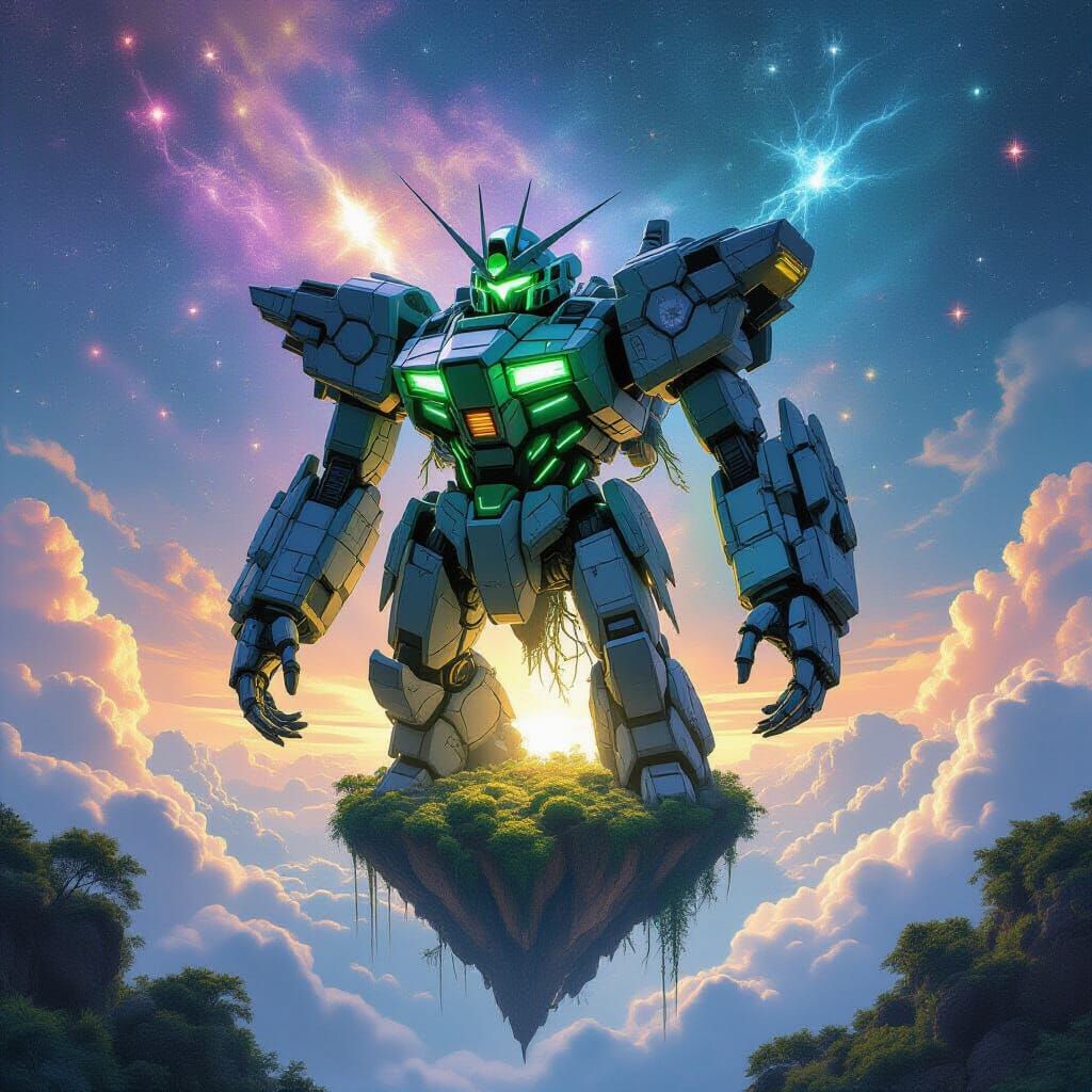 Bioluminescent Mobile Suit on Floating Island