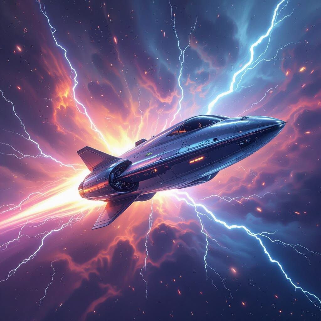 Chrome Spaceship Bursts Through Iridescent Nebula