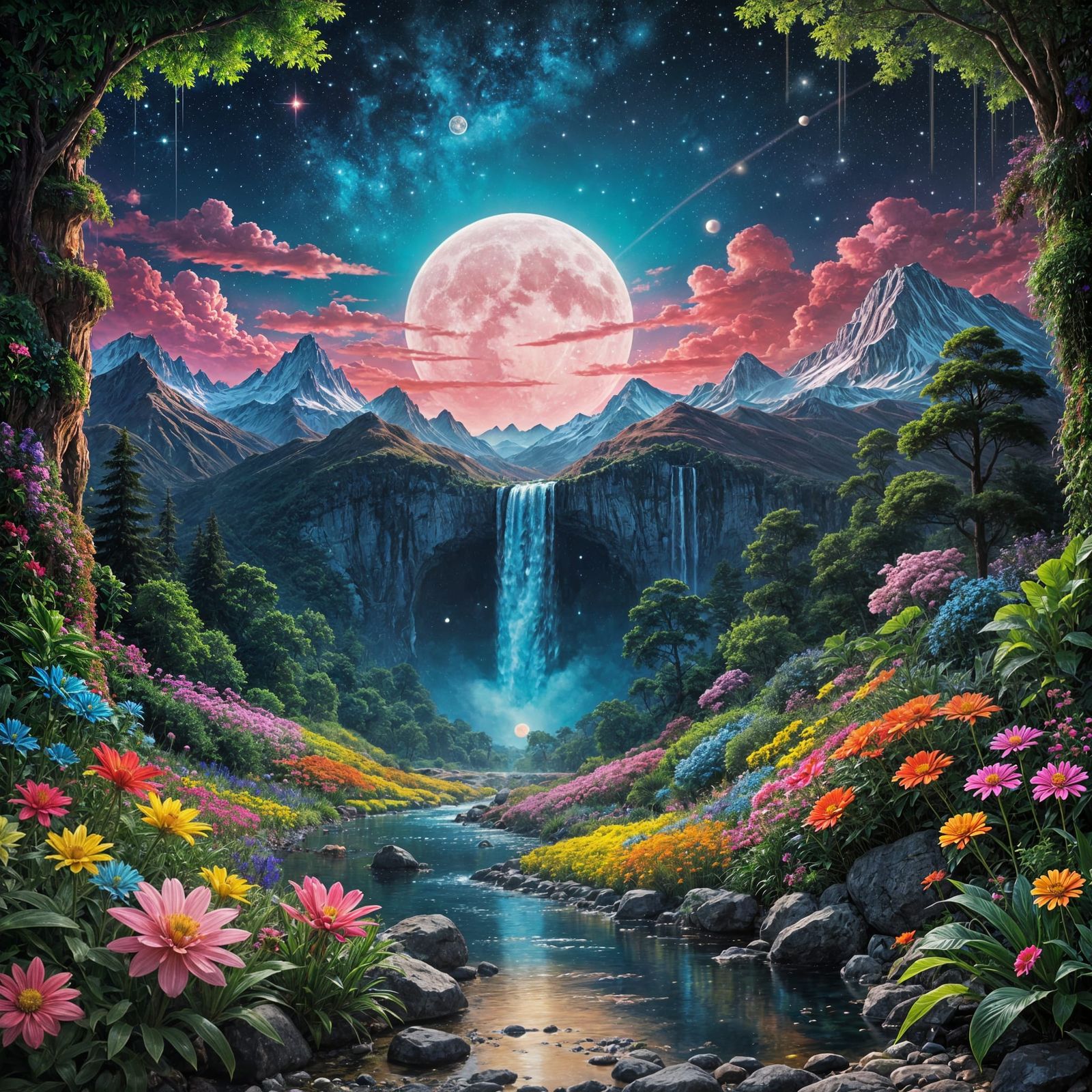 Luminous Waterfall Oasis Under Cosmic Night Sky