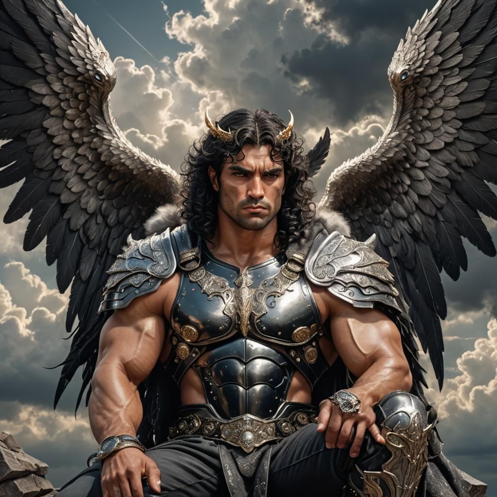 Pensive Armored Man with Wings in Detailed Matte Painting