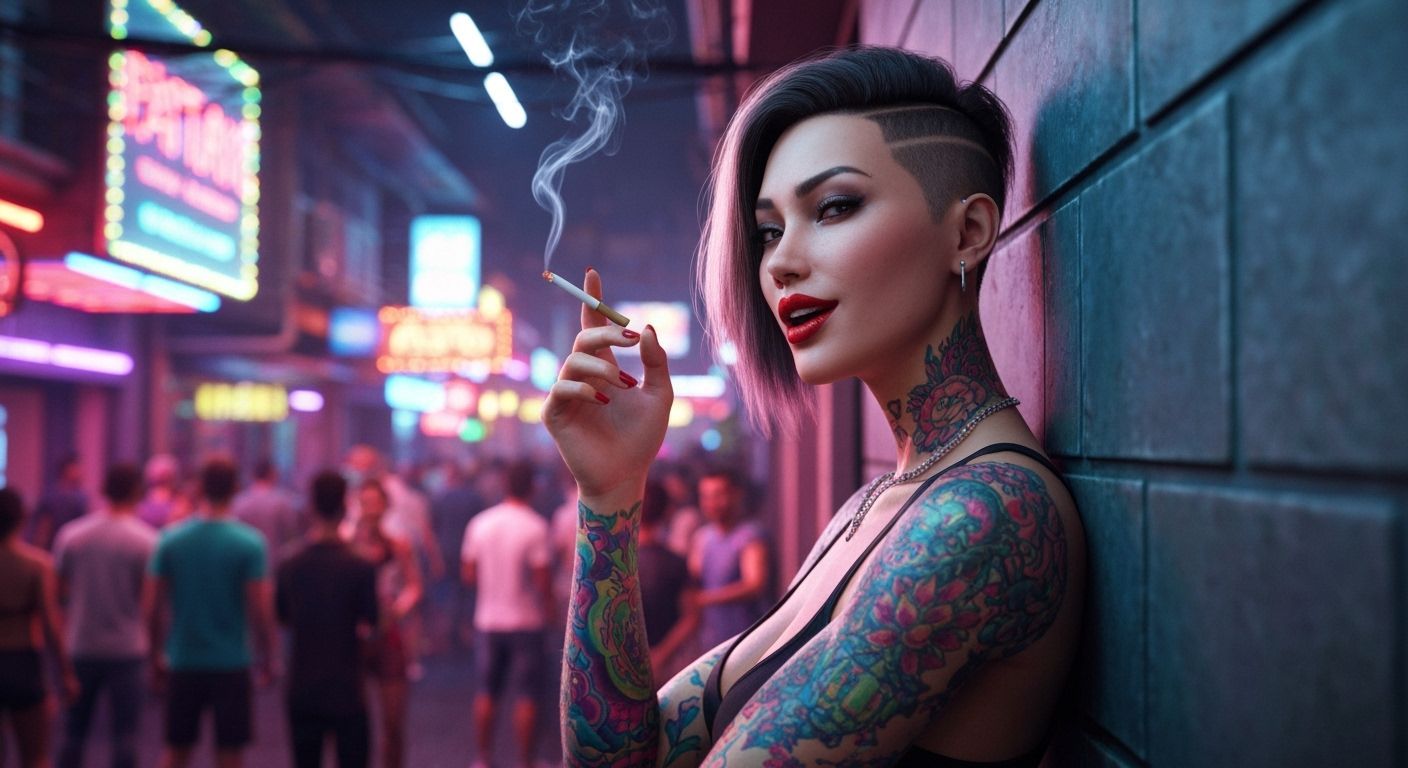 Thai Woman in Pattaya's Neon Nightlife: 3D Render