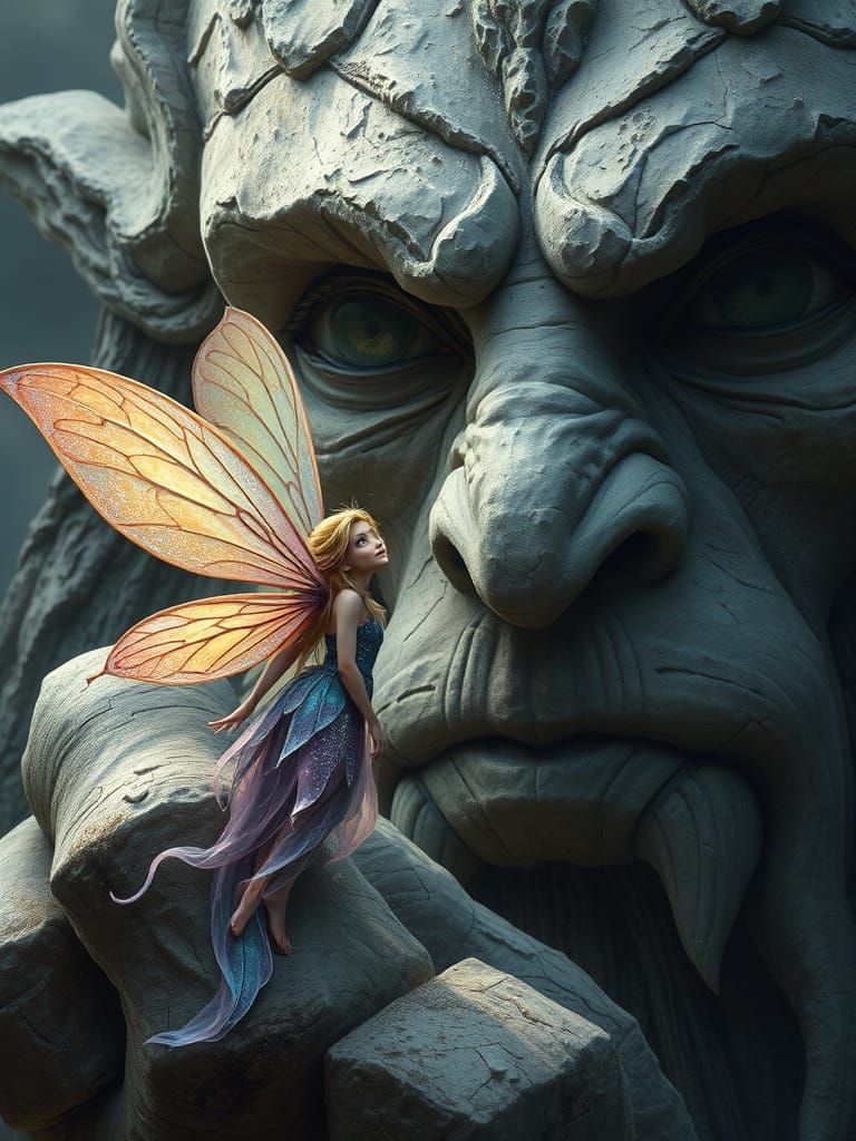 Fairy and Stone Golem in Ethereal Art Style
